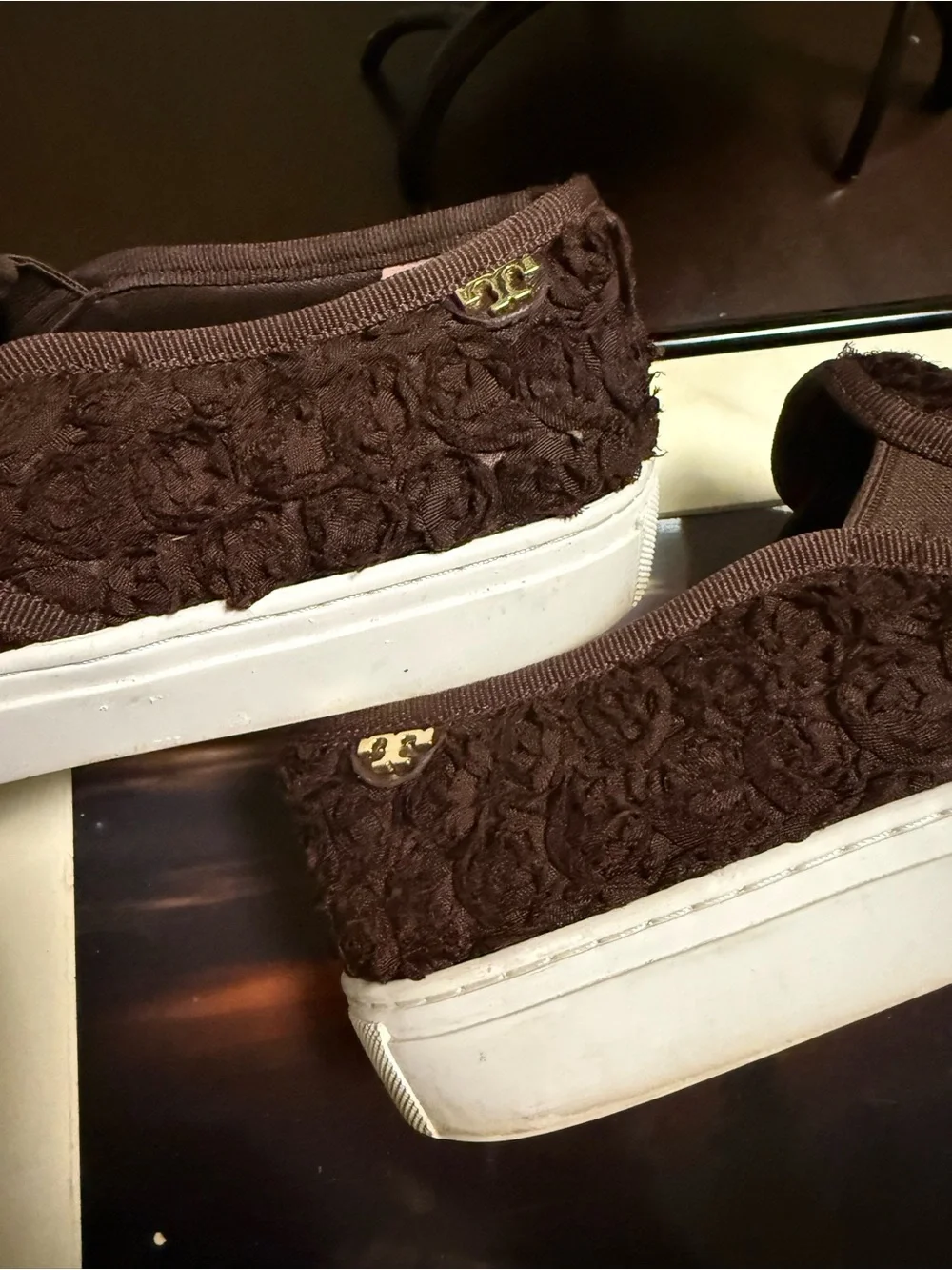 Tory Burch Brown Floral Rosette Slip-On Sneakers